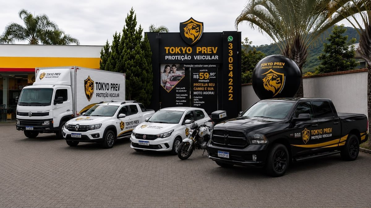 Frota real da Tokyo Prev na sede — caminhão, picapes, carro e moto identificados com a marca